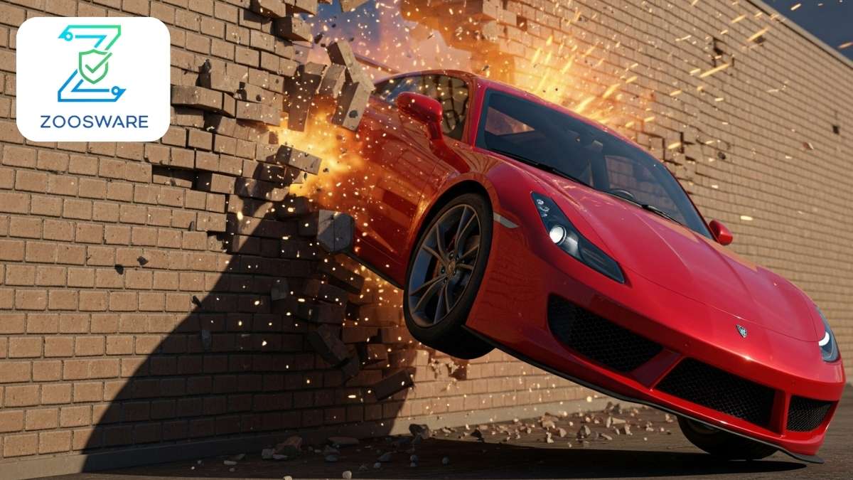 A car driving through a wall in Car Parking Multiplayer, showcasing the wall hack feature from the MOD menu.