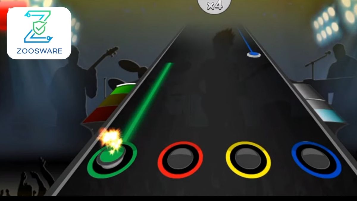 Guitar Flash player achieving high score with a perfect note streak.
