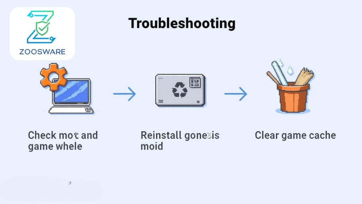 Illustration of WorldBox mod troubleshooting steps checking versions, reinstalling, clearing cache.