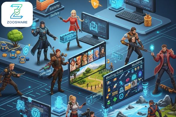 Image illustrating safe game mods, showing custom interfaces and security symbols, ensuring an enhanced and secure gaming experience.
