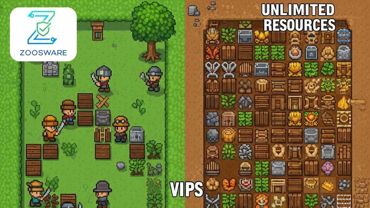 WorldBox pixel city built with unlimited resources, showing thriving civilizations and Zoosware safety badge. (1)