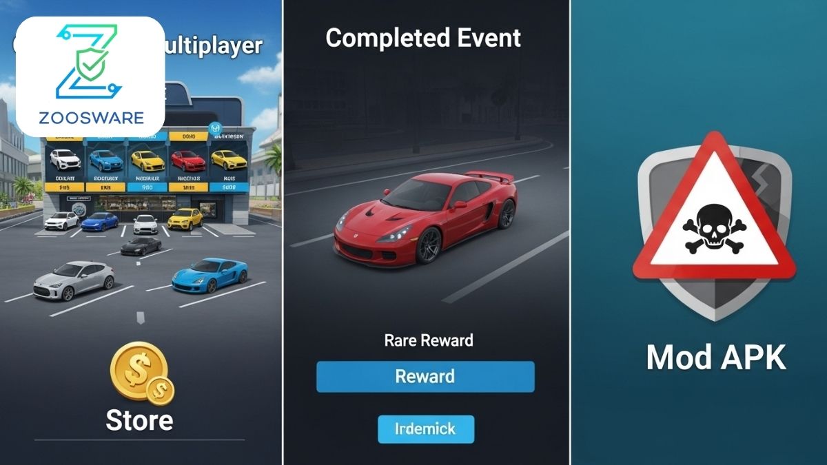 Acquiring CPM cars from in-game store, winning event rewards, and mod APK risk warning.