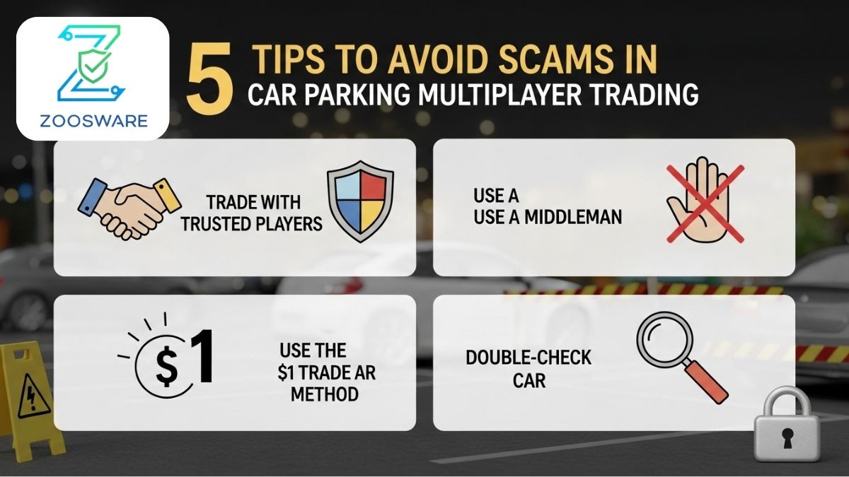 Infographic: 5 tips to avoid scams when trading cars in Car Parking Multiplayer.